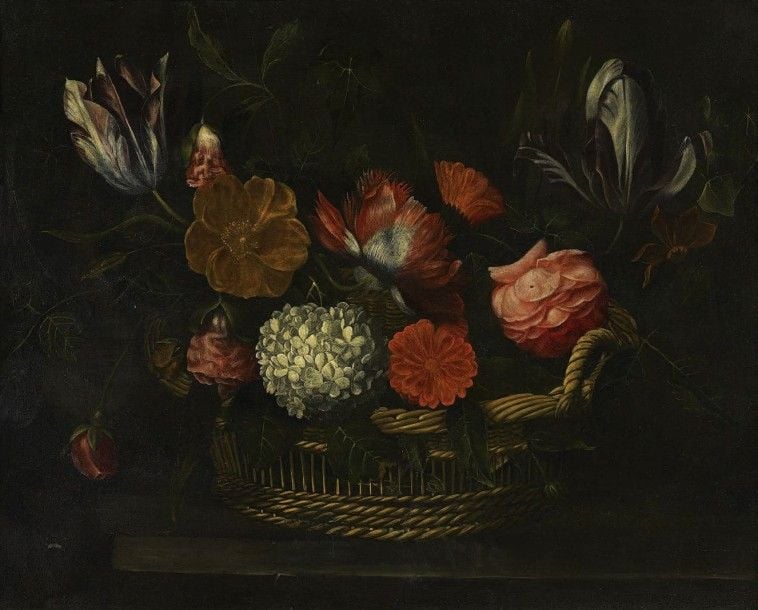 Bouquet de fleurs dans une corbeille Huile sur cuivr
