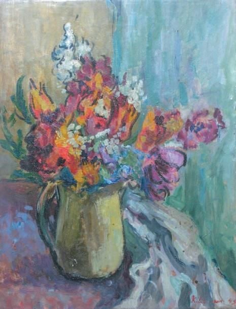 Bouquet de fleurs dans une cruche (1943) Huile sur papier Signée et datée en bas à droite 36 x 27 cm