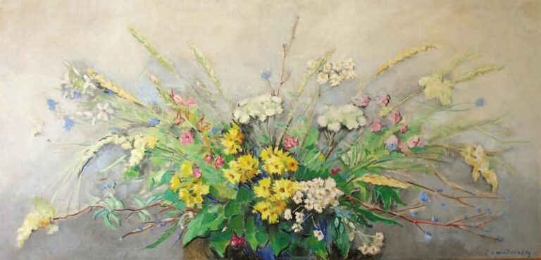 Bouquet de fleurs Huile sur contreplaquée Signée en bas à droite 152 x 75 cm