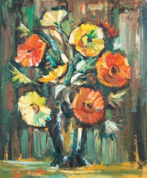 Bouquet de fleurs Huile sur toile, signée en bas à gauche 65,5 x 54 cm Oil on canvas, signed lower left