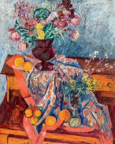 Bouquet de fleurs posé sur une table, 1931 Huile sur panneau, signée et datée au milieu à droite 81,5 x 61,2 cm Oil on board, signed and dated middle left
