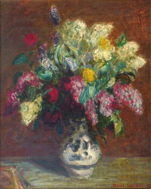 Bouquet de lilas et de roses (19)40? Huile sur toile Signée et datée en bas à droite 54 x 44 cm