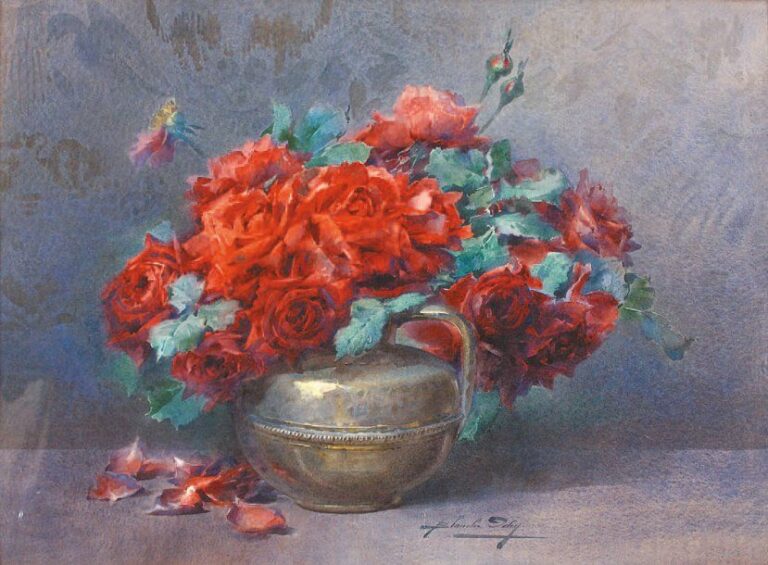 Bouquet de roses rouges Aquarelle, signée en bas au centre 56 x 75 cm