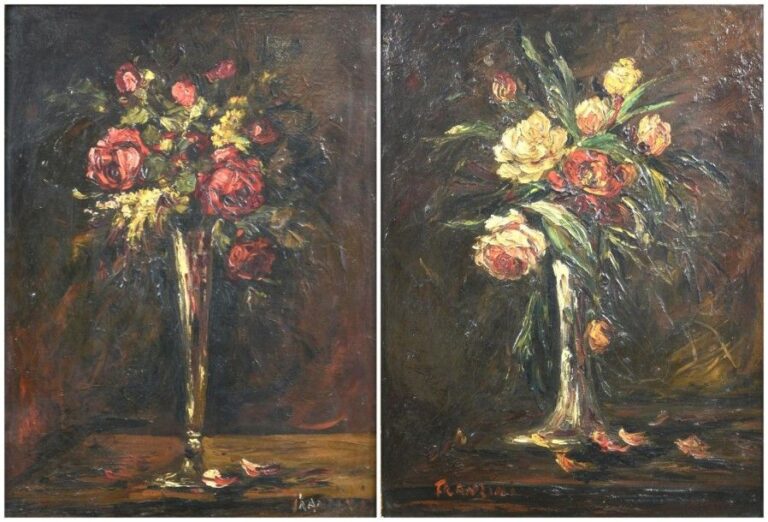Bouquets de fleurs Paire d'huiles sur toile Signée en bas à droite pour l'une et en bas à gauche pour l'autre 81 x 60 cm