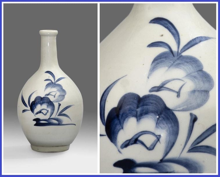 BOUTEILLE / FLASQUE OVOÏDE EN GRES A DECOR BLEU COBALT