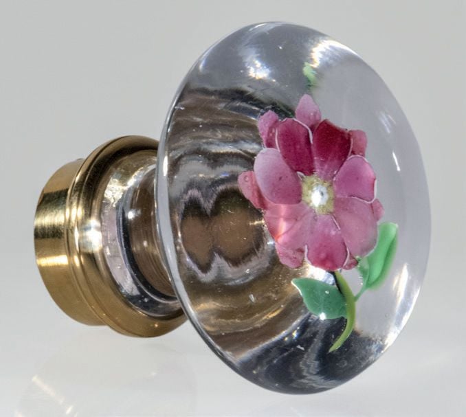 Bouton de porte orné d'une primevère rose sur une tige verte portant deux feuille
