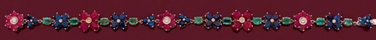 BRACELET «fleurettes» en or rose et or gris 14 carats (585 millièmes) serti d'émeraudes, rubis, saphirs et diamant