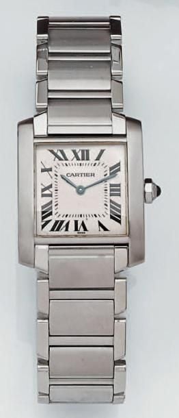BRACELET MONTRE carrée en acier partiellement satiné, modèle «Tank française», taille moyenn