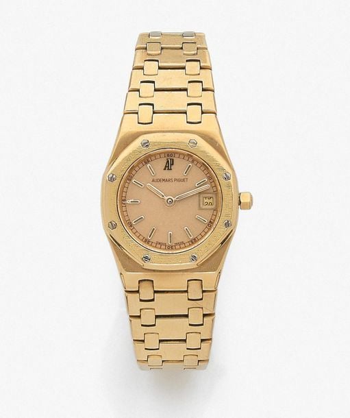 •BRACELET MONTRE de dame octogonale, modèle «Royal Oak» en or jaune (750‰