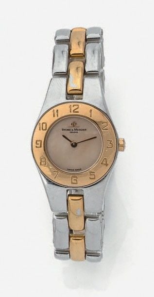 BRACELET MONTRE de dame ronde en métal doré et acier, modèle «Linea