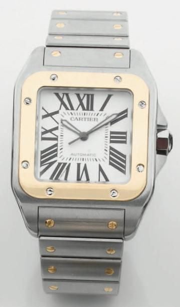 BRACELET MONTRE de forme carrée pour homme en or jaune et acier, modèle « Santos 100XL