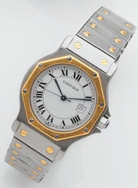 BRACELET MONTRE de forme octogonale en or jaune et acier, modèle « Santos