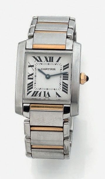 BRACELET MONTRE en or jaune (750 millièmes) et acier, modèle «Tank Française