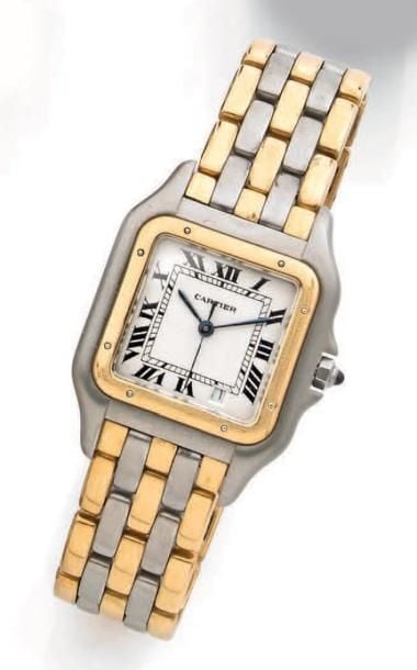 BRACELET MONTRE en or jaune (750 millièmes) et acier satiné, modèle «Panthère