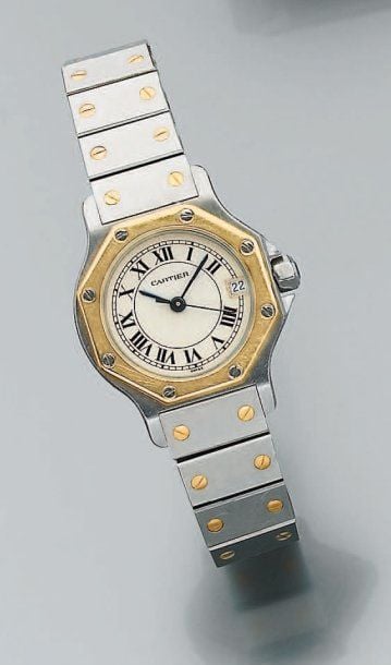 BRACELET MONTRE octogonal de dame, en or et acier, modèle « Santos