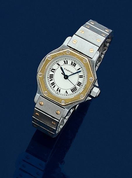 •BRACELET MONTRE octogonale de dame, modèle «Santos» en or jaune (750‰) et acie