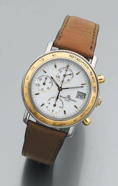 BRACELET MONTRE rond, chronographe, en acier et or jaune, modèle « Baumatic