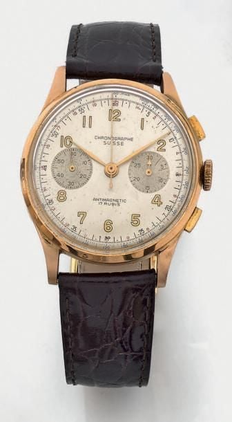 BRACELET MONTRE ronde chronographe, deux compteurs, tachymètre, en or rose (750 millièmes
