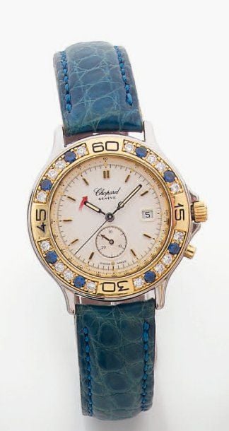 BRACELET MONTRE ronde « chronographe mono poussoir » de dame en or jaune et acie