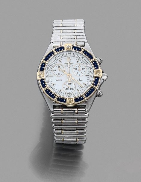 •BRACELET MONTRE ronde chronographe, trois compteurs, modèle «J Class», en or jaune (750‰) et acie