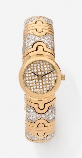 BRACELET MONTRE ronde de dame en or jaune et gris (750 millièmes