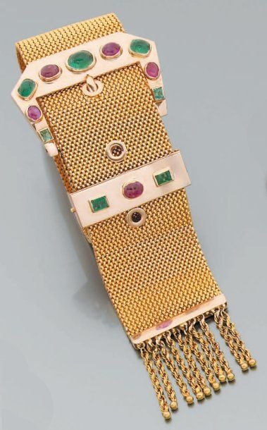 BRACELET souple « ceinture » en or jaune et or rose, terminés par des floches d'or torsad
