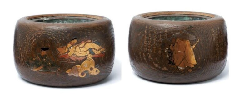 Braséro (hibachi) en bois de Paulownia (kiri) incrusté de pièces de métal laqué représentant des poètes ainsi que leurs poème