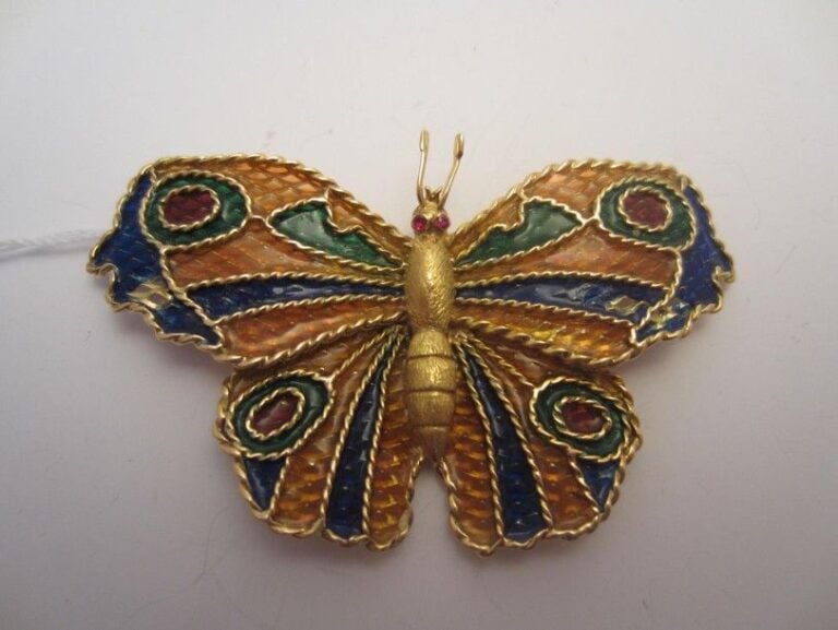 BROCHE «papillon» en or jaune torsadé orné d?émail translucide plique-à-jour polychrom