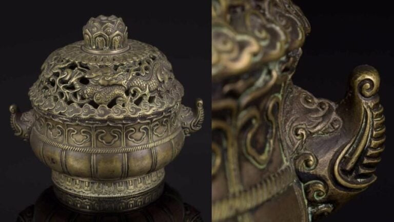 BRÛLE-PARFUM COUVERT EN BRONZE À MONTURE EN ARGENT, GUI Chine, Probablement de la fin de la Dynastie Qing ou de la période République et pour l'export (peut-être realise par uhne fabrique européenne installée en Chine) De forme circulaire, à panse compressée reposant sur un pied évasé et flanqué de deux anses formant têtes d'éléphants barrissant ; le couvercle en dôme sommé d'un frétel lotiforme aux multiples pétales superposées et aux akène
