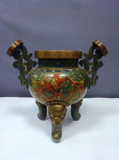 BRULE PARFUM TRIPODE EN EMAUX CLOISONNES SUR CUIVRE
