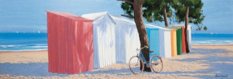 « Cabine de plage à Oléron » Huile sur toile, signée en bas à droit