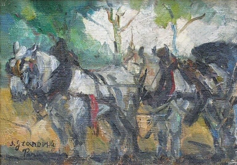 Calèche Huile sur toile Signée en bas à gauche, située « Paris » 16 x 22 cm