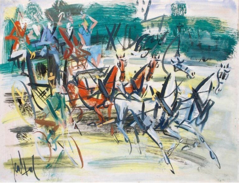 Calèches et cyclistes Aquarelle gouachée, signée en bas à gauche 48 x 64 cm