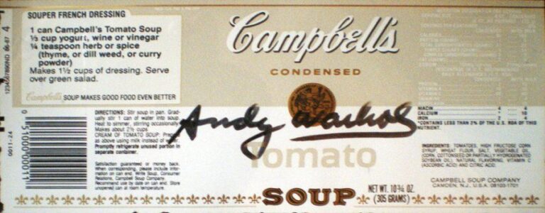 Campbell's Condensed Tomato Soup Etiquette Originale Couleur Argent Et Or De Campbell's Condensed Tomato Soup Signée Au Feutre Au Milieu 9,5 X 21 Cm