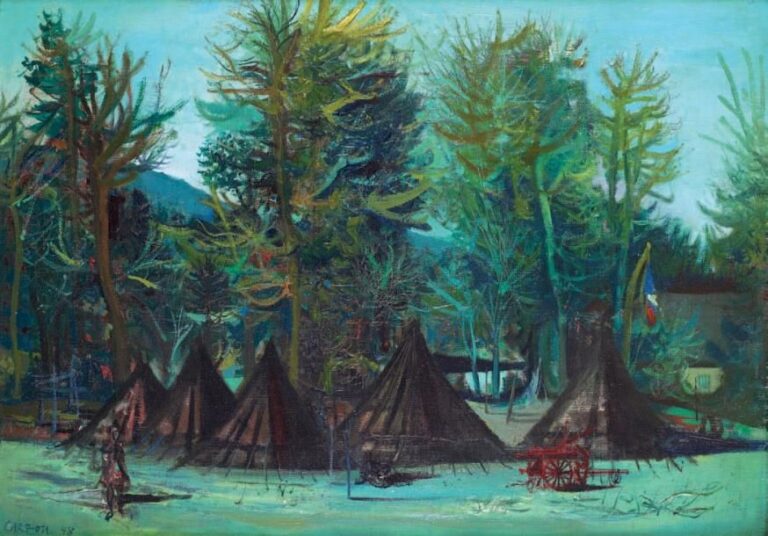 Campement dans la forêt, 1948 Huile sur toile, signée et datée en bas à gauche Étiquette d'exposition au dos 46,5 x 65 cm