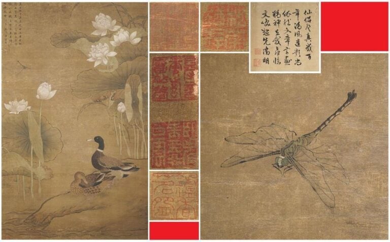 CANARDS MANDARINS, LIBELLULE ET MARE AUX LOTUS - ENCRE ET COULEURS SUR SOIE PEUT ÊTRE PAR WANG DINGZHI