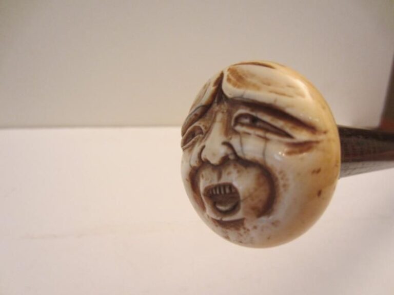 Canne à pommeau en ivoire sculpté d'une tête de lune, fût en amourette