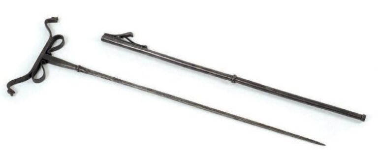 Canne épée de derviche Fer Iran ou Inde, circa 1800 Hauteur: 61,5 cm Ce type de canne était utilisé par les derviches comme repose-bra
