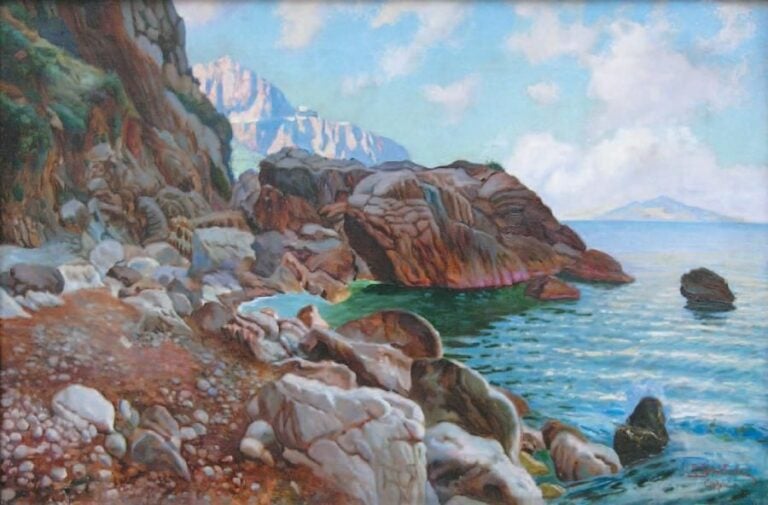 Capri Huile sur toile Signée et située en bas à droite 66 x 100 cm