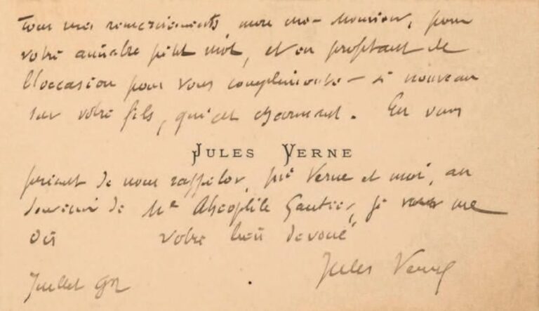 * Carte de visite autographe de Jules Verne adressée à Théophile Gautier fils (1892)