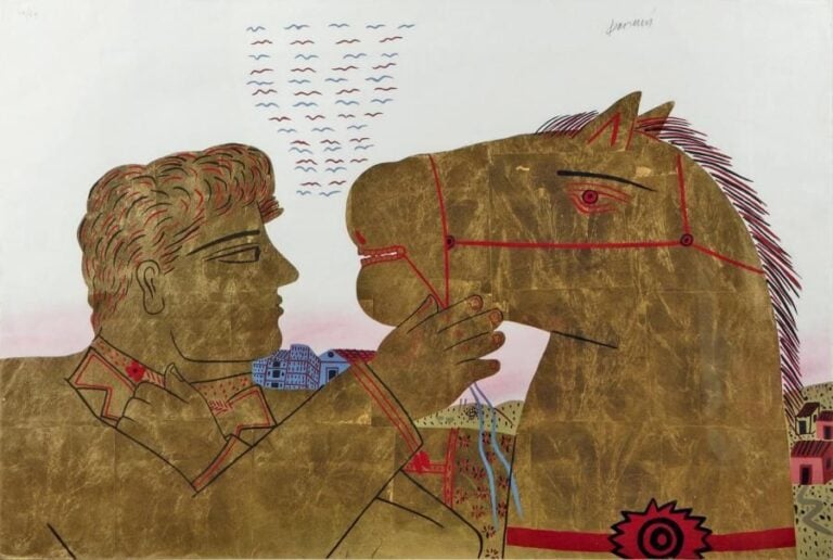 Cavalier et cheval Lithographie en couleurs Dorée à la feuille d'or Signée et numérotée 28/60 60,6 x 89,5 cm