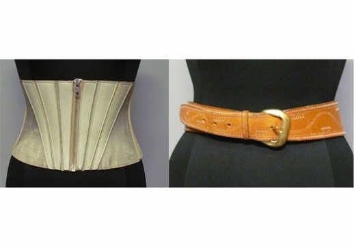 CEINTURE-CORSELET élastique ciment appliquée d'empiècements en cuir à la couleur, fermeture zippée (T68 cm) (état d'usage