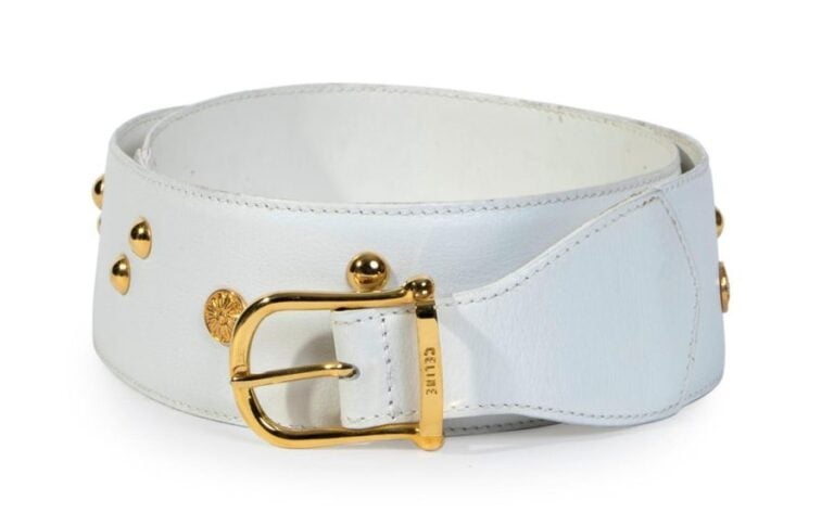 CELINE: Ceinture plastron en cuir blanc rehaussé de clou et pastille en métal dor