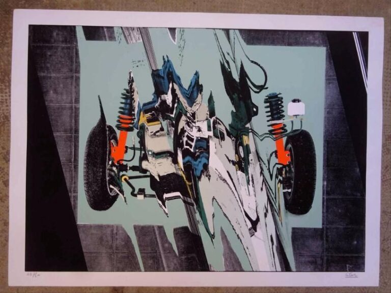 César BALDACCINI (1921-1998) Formule 1 étirée / compressée Sérigraphie en couleurs sur papier Contresignée en bas à droite Justifiée en bas à gauche: 24/80 50 x 69 cm