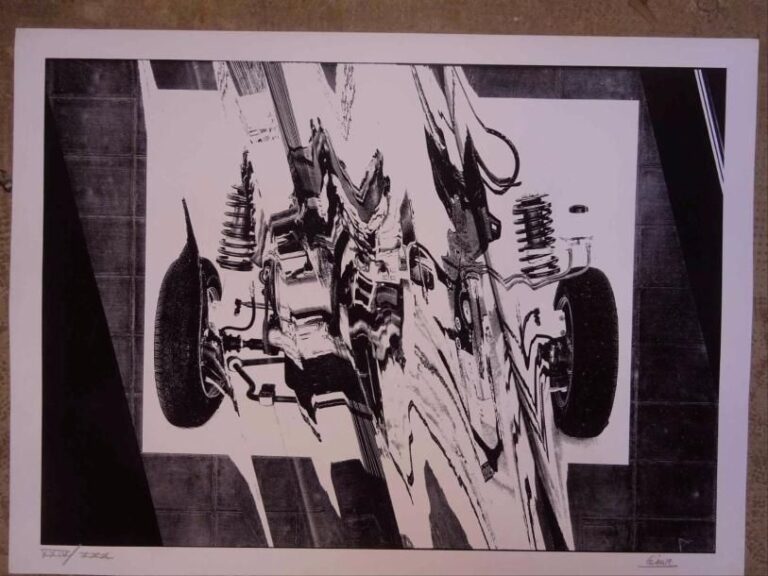 César BALDACCINI (1921-1998) Formule 1 étirée / compressée Sérigraphie en noir et blanc Contresignée en bas à droite Justifiée en bas à gauche: XXIV/XXX 50 x 69 cm