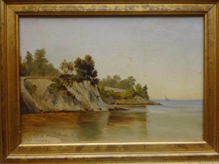 César MASCARELLY (1845-1904) Bord de Mer, vraisemblablement Villefranche ou St Jean ? Huile sur carton Signée et datée en bas à gauche « 1870 »,  21 x 30 cm Anciennes restaurations