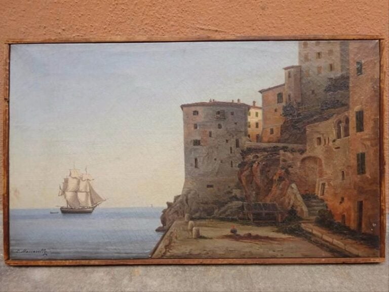 César MASCARELLY (1845-1904) « Quai Colbert à VILLEFRANCHE » Huile sur toile  Signée en bas à gauche, annotation manuscrite au dos, ancienne étiquette au dos (probablement d'exposition ou de vente) 27 x 46 c-m