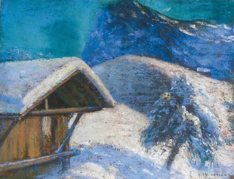 Châlet sous la neige Pastel Signé en bas à droite 23 x 32 cm (à vue)