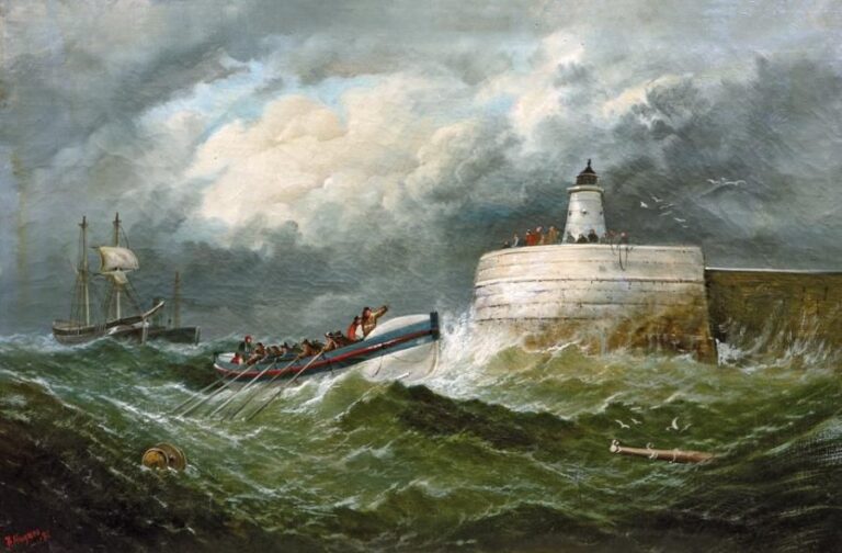 Chaloupe sur une mer formée à l'entrée d'un port, 1881 Huile sur toile signée et datée en bas à gauche «Huynes