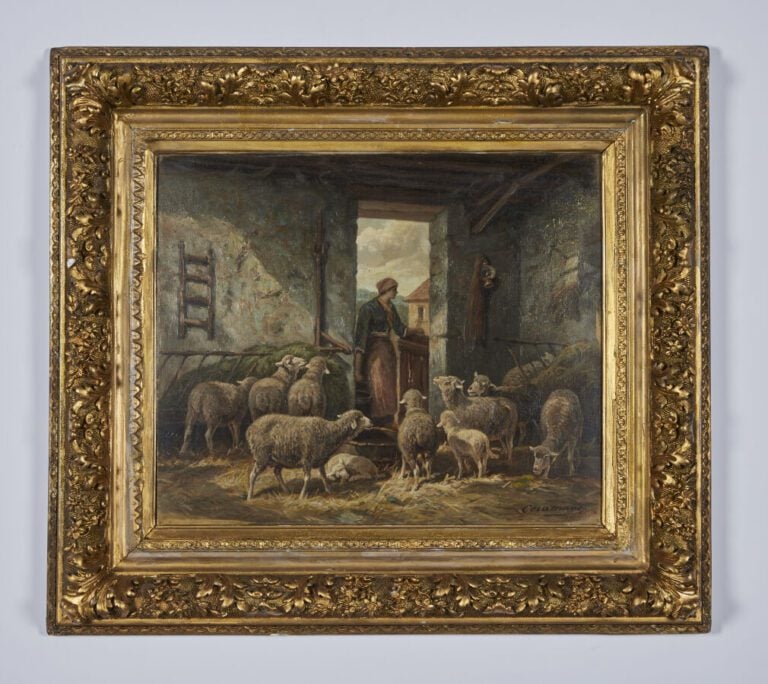 CHARLES FERDINAND CERAMANO (1829/31-1909) - « Bergère à la bergerie » - Huile s…